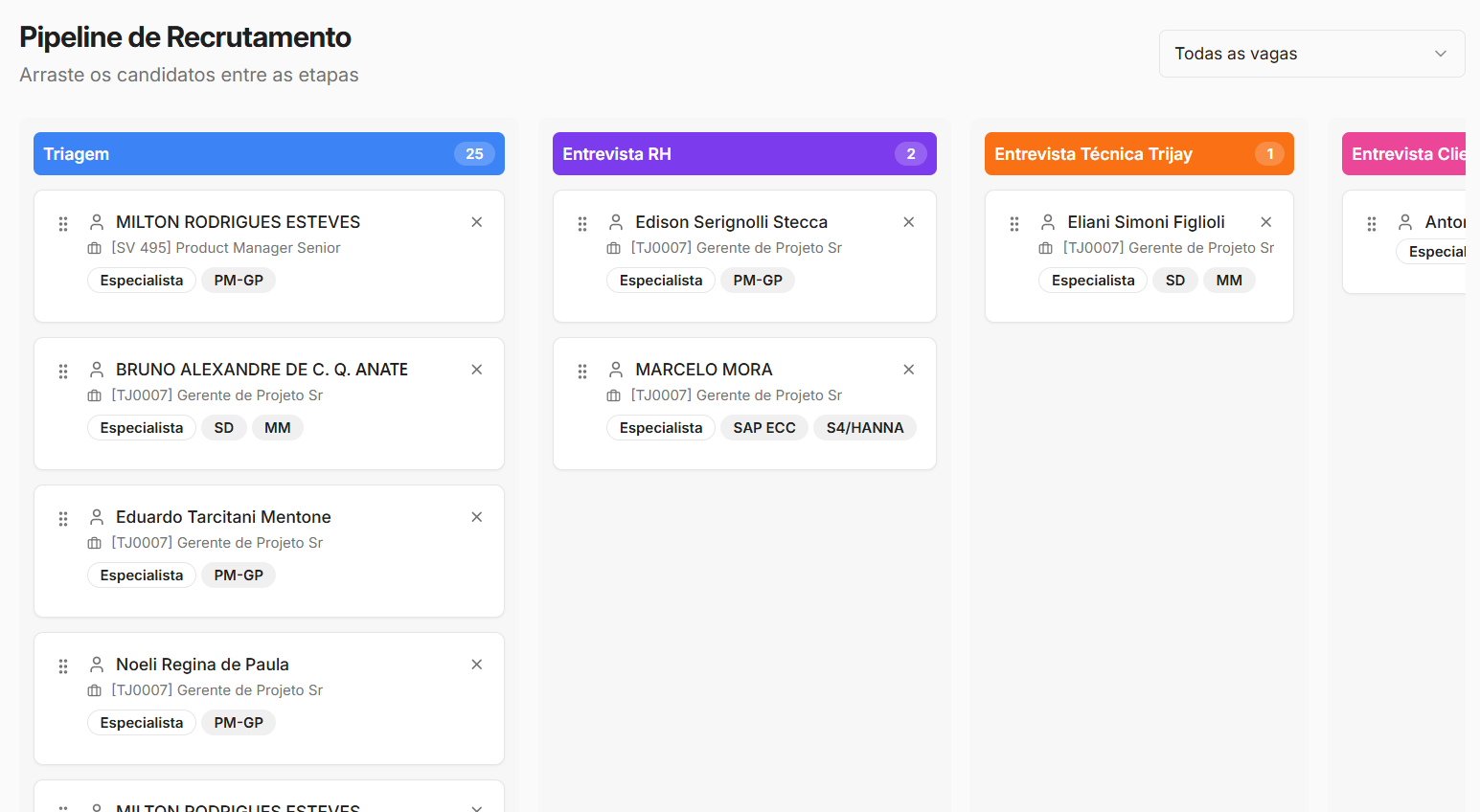 Pipeline de recrutamento em kanban