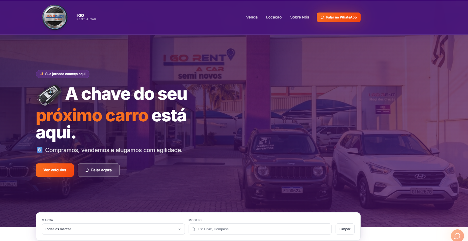 Página inicial com hero e busca de veículos por marca e modelo.